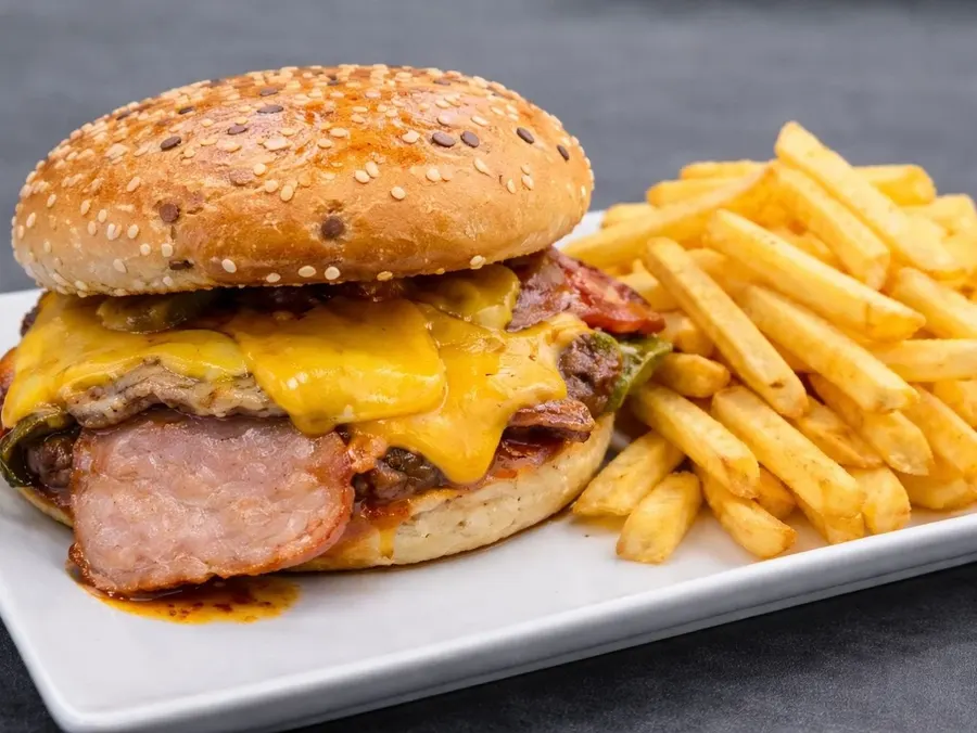 Burger cu cheddar și cartofi